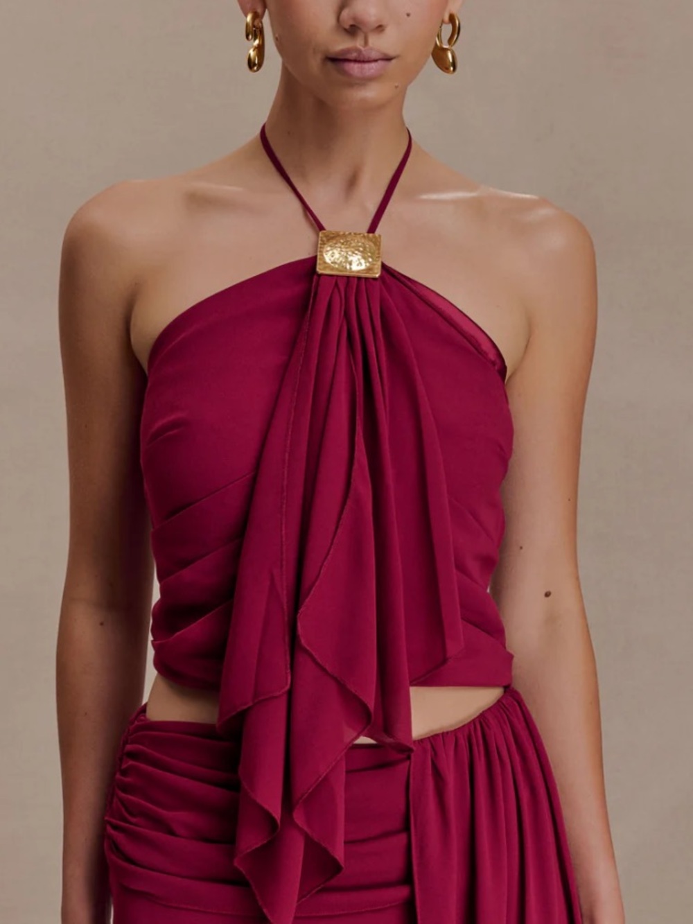 MESHKI Celina Chiffon Halter Top with Hardware | Cherry Red | Never Worn